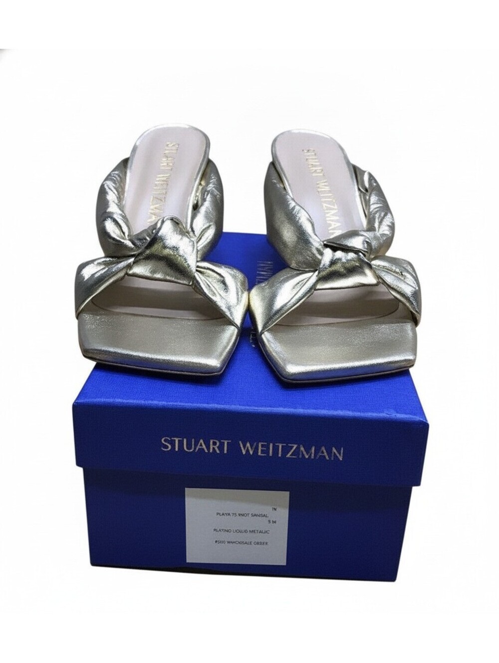 Stuart Weitzman Soplaya Platino Liquid Metallic Knot Slide Sandal Heels Size 9M